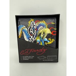 Ed Hardy Men's Black Leather Wallet Dragon Tattoo Bifold with Leather Box Cover